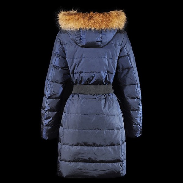 Moncler lungo blu Pelliccia Cap e cinturino Cappotti